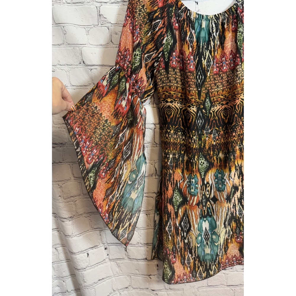 TRUTH NYC Bohemian Print Bell Sleeve Mini Dress Women's Size Large - Picture 3 of 5